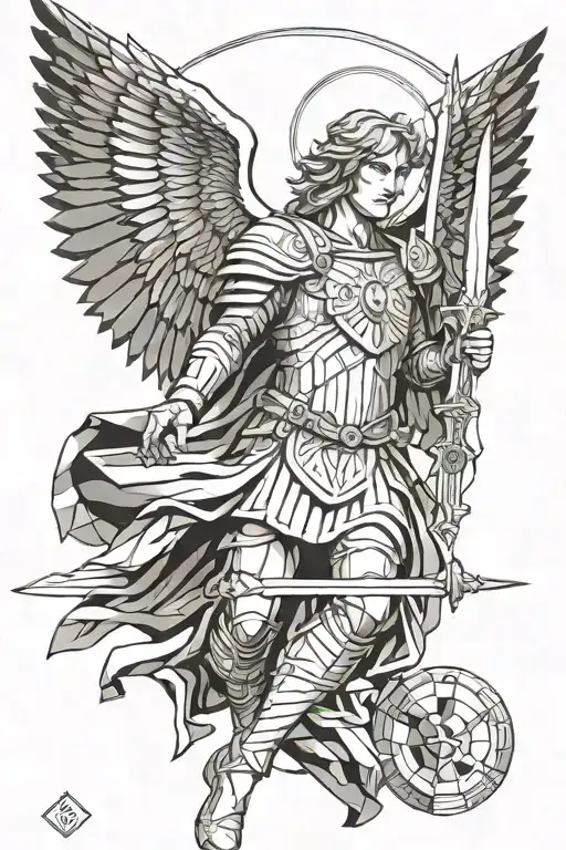 Archangel Michael with his sword in front of him tattoo design idea
