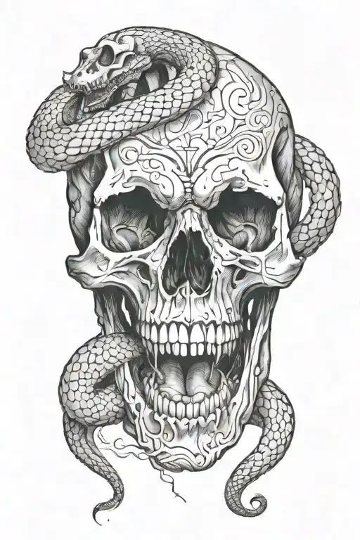 skull with its mouth open, a snake emerges from it and at the same time tattoo design idea