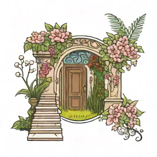 stairs leading to a open door coverd in flowers with grass  tattoo design idea