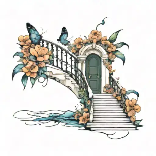 long stairs leading to a open door with the galaxy  inside  surrounded with flowers and butterflys  tattoo design idea