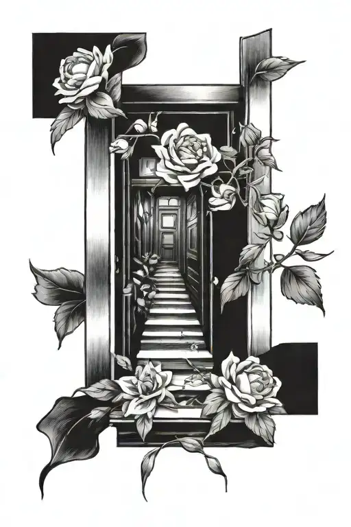 steps leading to a open door with flowers growing tattoo design idea