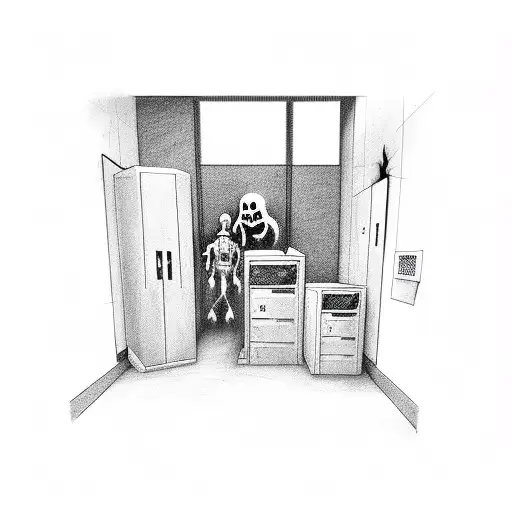 A haunted IT server room with ghostly figures and horror movie references tattoo design idea