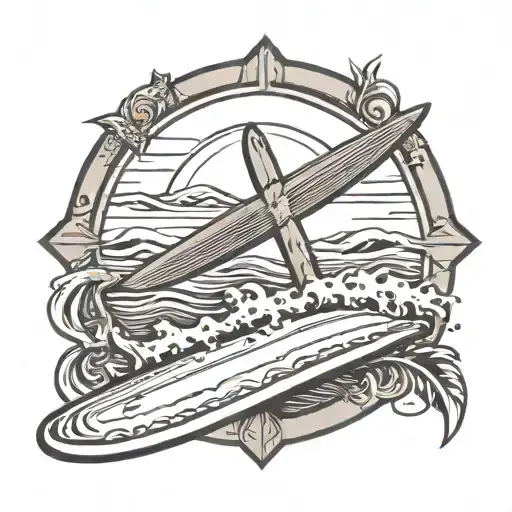 PLAGE AVEC UNE PETITE PLANCHE DE SURF AUTOUR D'UN ROND. AU DESSUS IL Y A UNE CROIX CHRETIENNE ET DES AILES D'ANGE tattoo design idea