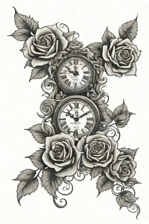 three clocks roses vines tattoo design idea