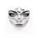 In a black rectangular frame, the woman's eyes together with her eyebrows and a piece of her nose tattoo design idea