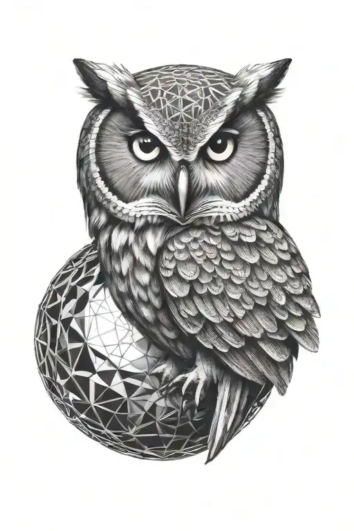 realistic owl surrounded by geometric sphere tattoo design idea