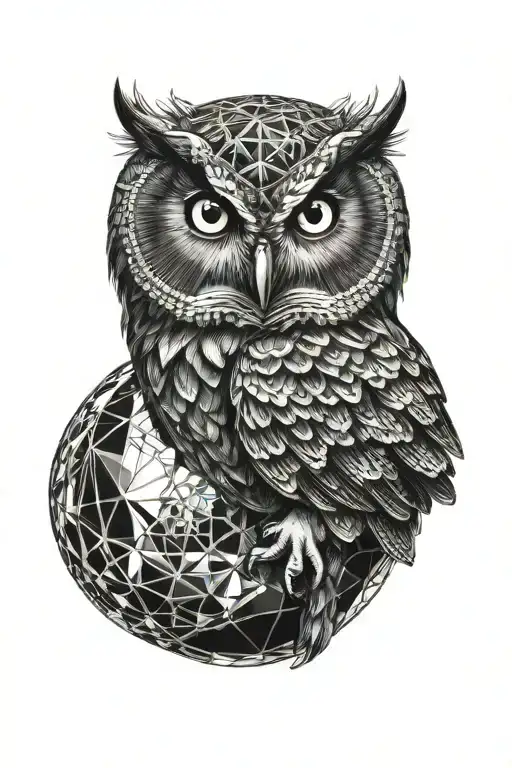 realistic owl surrounded by geometric sphere tattoo design idea