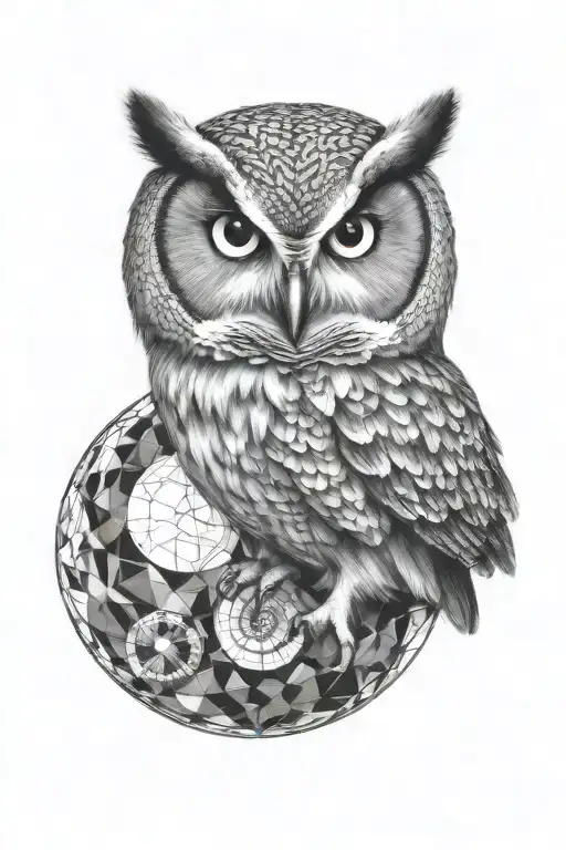 realistic owl surrounded by geometric sphere tattoo design idea
