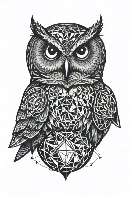 realistic owl surrounded by geometric sphere tattoo design idea