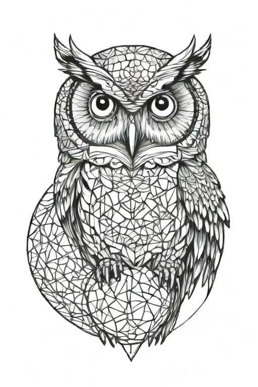 realistic owl surrounded by geometric sphere tattoo design idea