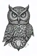 realistic owl surrounded by geometric sphere tattoo design idea