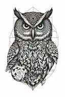 realistic owl surrounded by geometric sphere tattoo design idea