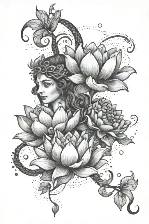 lotus flowers intertwining Athena the Greek Goddess and Atlas the Greek God tattoo design idea