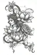 lotus flowers intertwining Athena the Greek Goddess and Atlas the Greek God tattoo design idea