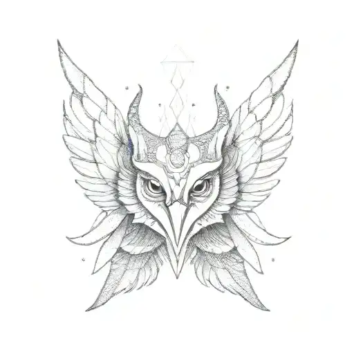 Garuda, into a minimalist geometric pattern with large spread wings tattoo design idea