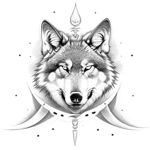 Double face wolf, trident and lotus tattoo design idea