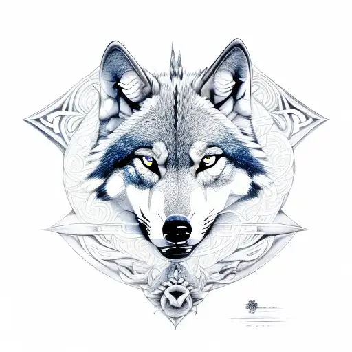 Double face wolf, lotus and trident  tattoo design idea