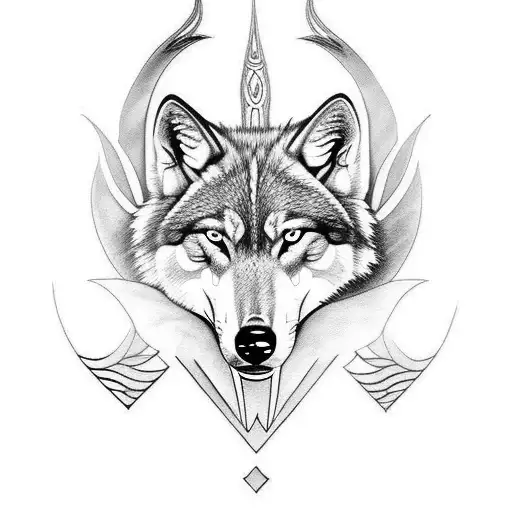Double face wolf, lotus and trident  tattoo design idea