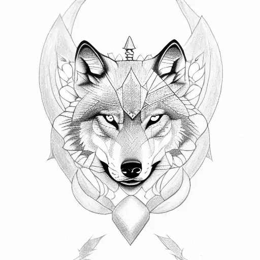 Double face wolf, lotus and trident  tattoo design idea