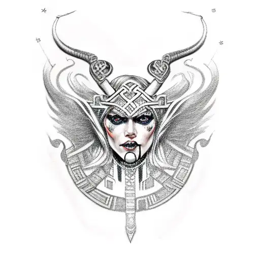 Norse mithology Valkyrie with white eyes and runic markings tattoo design idea