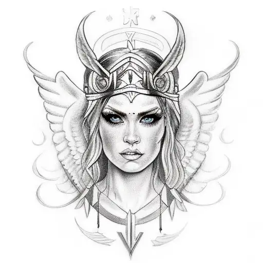 Valkyrie portrait with norse style tattoos wearing a winged diadem  tattoo design idea