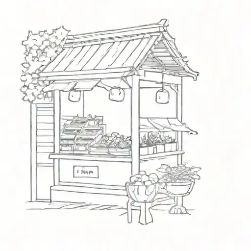 fruit stand in front of small minimalist japanese building tattoo design idea