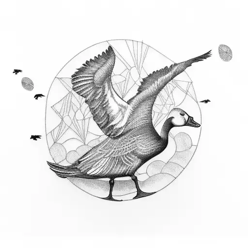 5 goose flying in circle beaks touching tattoo design idea