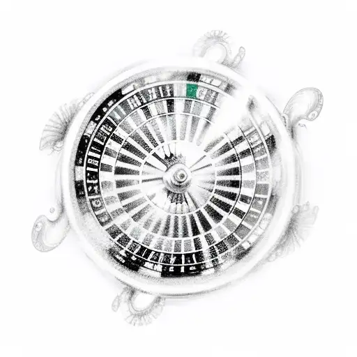 A realistic sketch of a roulette wheel with ocean waves flowing out of it, symbolizing your passion for both the casino and the sea. tattoo design idea
