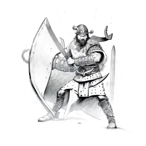 A fierce Viking warrior wielding a sword in battle tattoo design idea