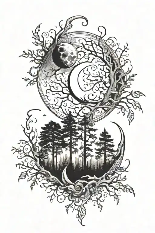 forest, moon and sun tattoo design idea