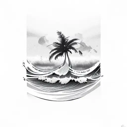 palm tree with wave tattoo design idea