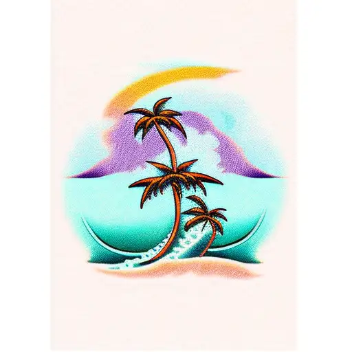palm tree with wave tattoo design idea
