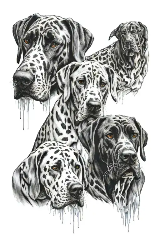 4 Great Dane Heads with waterfall flowing behind tattoo design idea