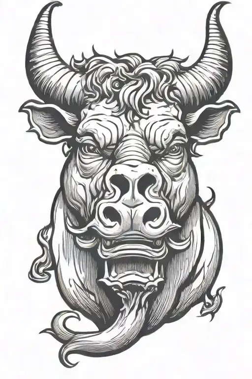 black and white raging bull with horns evil tattoo design idea