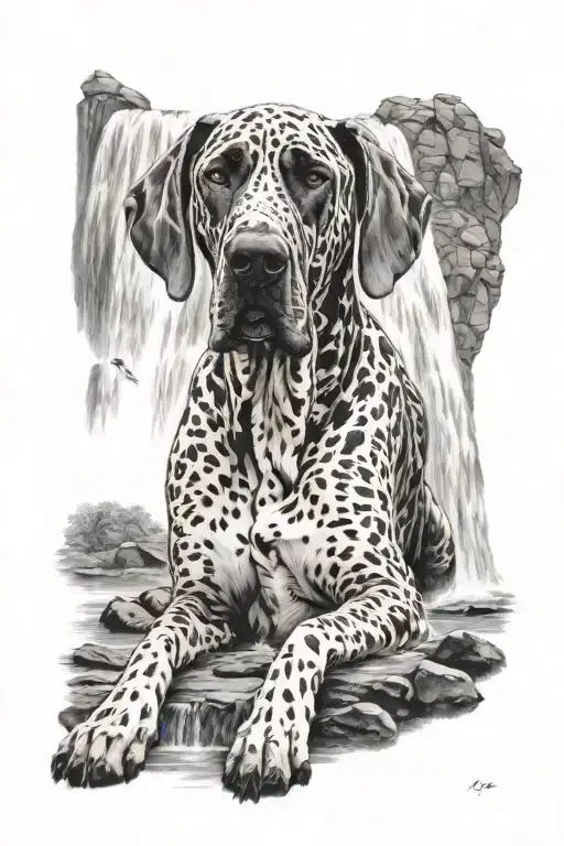 Great Dane black and white with floppy ears. standing in front of waterfall proudly tattoo design idea