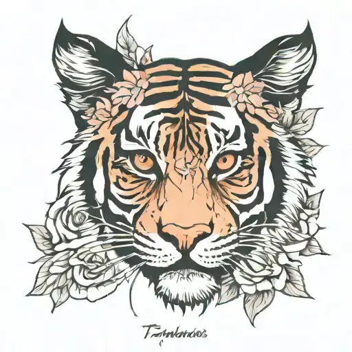 tiger face with red eyes with roses, sakura, and Lillie's aroumd it. a clock with 3:14 on it two mexican blue wing  tattoo design idea