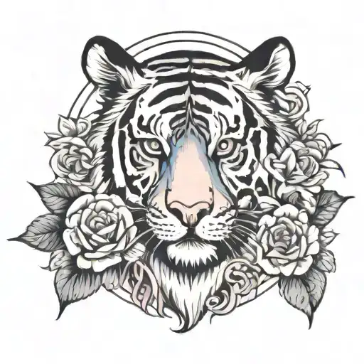 Tiger face with Sakura, roses, and Lillie's around it with a clock marked 3:14  tattoo design idea