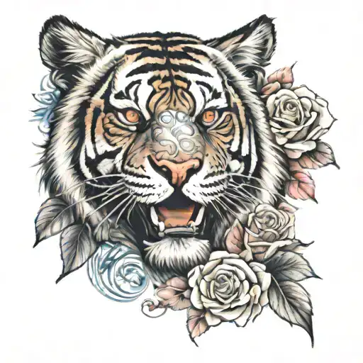 tiger face with red eyes with roses, sakura, and Lillie's aroumd it. a clock with 3:14 on it two mexican blue wing  tattoo design idea
