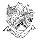 incorporate the chaos of nature with the calmness of nature do this using waves, forest and mountains tattoo design idea