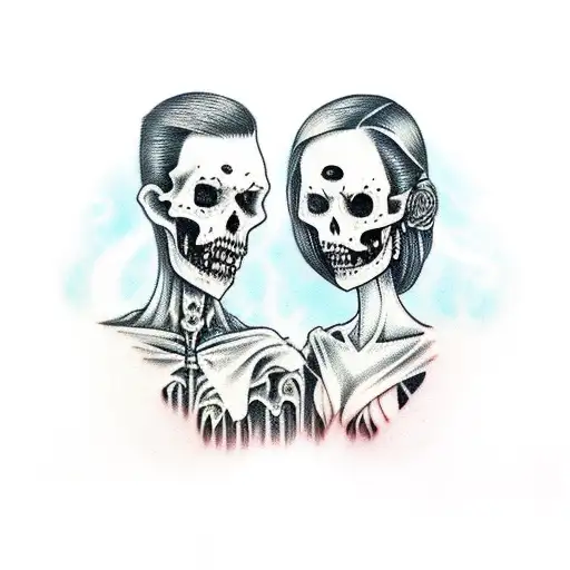 undead wedding couple embracing holding daggers behind their backs tattoo design idea