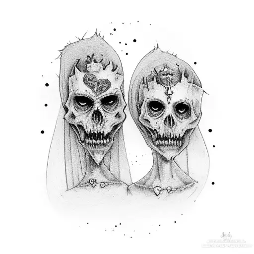 undead wedding couple embracing holding daggers behind their backs tattoo design idea