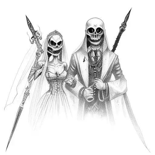 undead wedding couple holding daggers behind their backs tattoo design idea