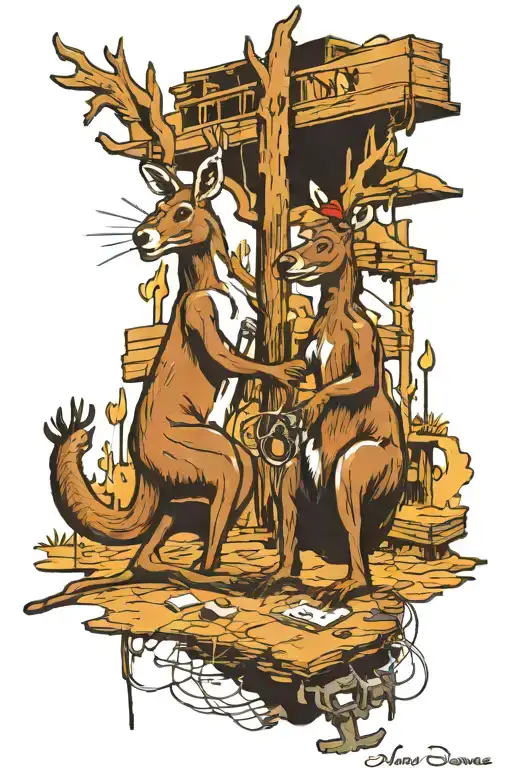 Depict a scene where a kangaroo and a moose are working together on an electrical project, symbolizing the client's occupation and interests tattoo design idea