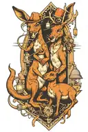 Depict a scene where a kangaroo and a moose are working together on an electrical project, symbolizing the client's occupation and interests tattoo design idea