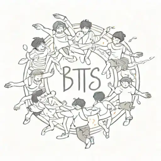 A sketch tattoo of a group of friends and family members holding hands in a circle, with the BTS logo subtly hidden in the background, showcasing your love for your loved ones and BTS tattoo design idea