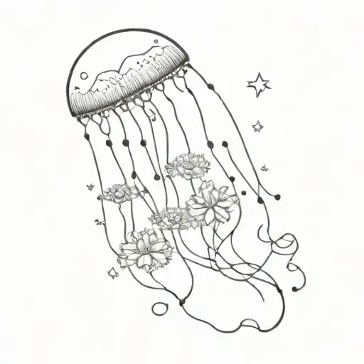 moon jellyfish with crystals and flowers tattoo design idea