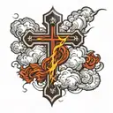 lightning clouds surrounding a  Christian cross tattoo design idea