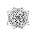 A geometric pattern incorporating different types of succulents and cacti tattoo design idea