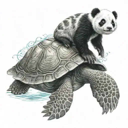 baby panda on the back of a sea turtle swimming tattoo design idea