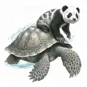 baby panda on the back of a sea turtle swimming tattoo design idea